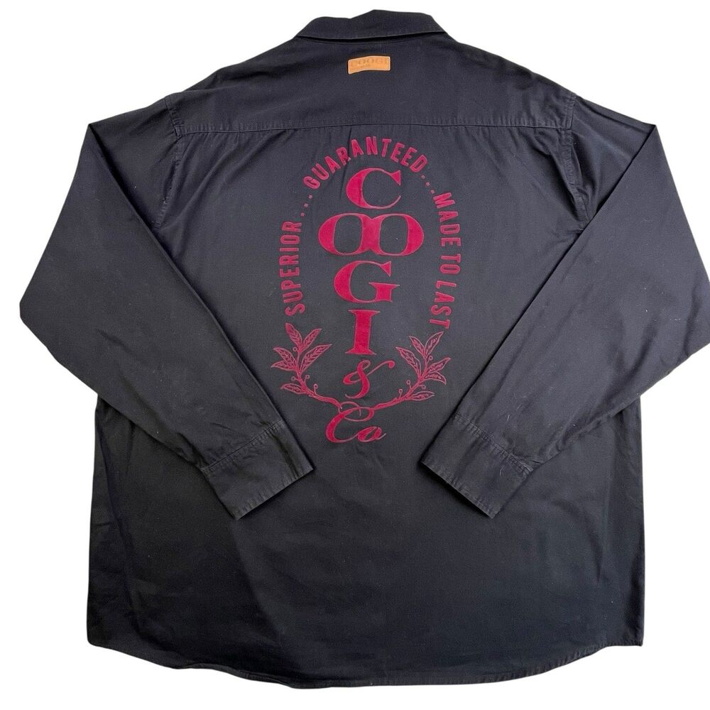 Coogi Shirt Men 4XL Black Embroidery Logo Spellout Felt Flip Cuff Plaid Collar